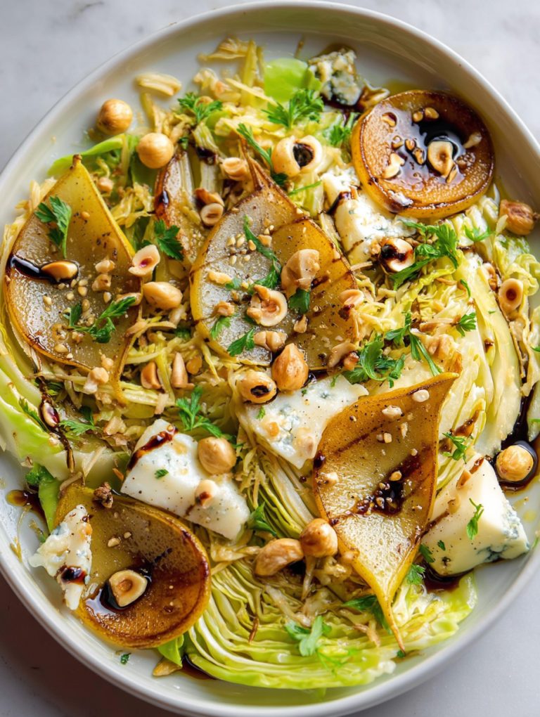Insalata di cavolo cappuccio, pere caramellate e gorgonzola