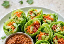 Involtini crudi di lattuga con salsa di pomodori secchi e noci