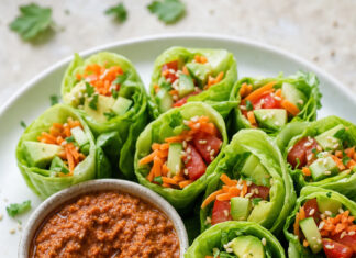 Involtini crudi di lattuga con salsa di pomodori secchi e noci