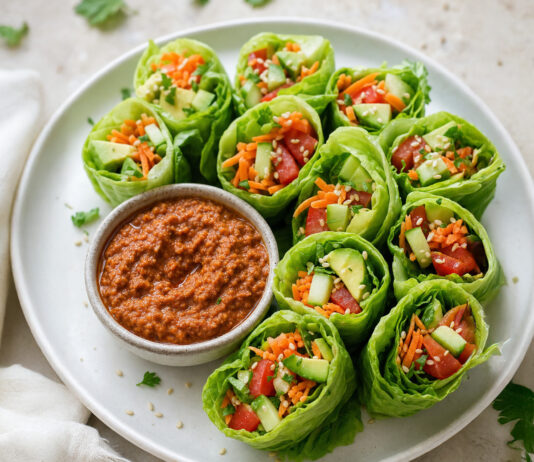 Involtini crudi di lattuga con salsa di pomodori secchi e noci