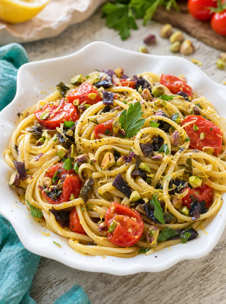 Linguine allo scoglio con alghe e pistacchi