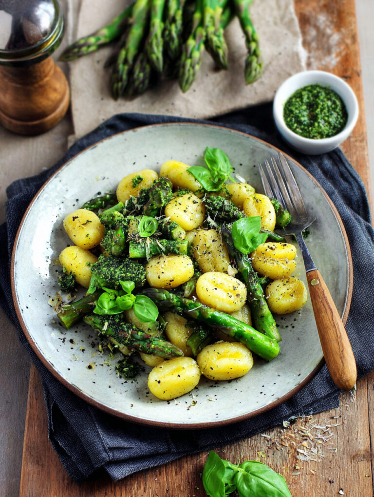 Gnocchi con asparagi e pesto di spinaci