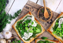 Sfoglie con caprino, fave, piselli, broccolo, basilico