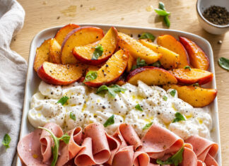 Antipasto di pesche, burrata, ciliegie e pomodorini
