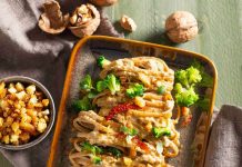 Linguine integrali con crema di broccoletti alle noci e briciole croccanti