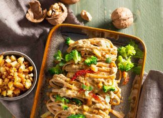 Linguine integrali con crema di broccoletti alle noci Linguine integrali con crema di broccoletti alle noci e briciole croccanti