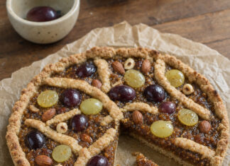 Crostata d'uva, frutta secca e composta di fichi