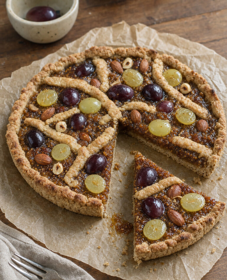 Crostata d'uva, frutta secca e composta di fichi