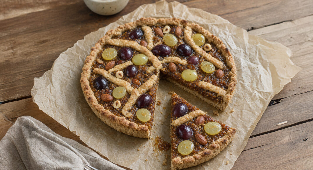 Crostata d'uva, frutta secca e composta di fichi