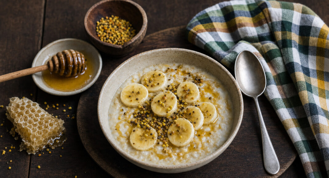 Porridge di avena con banana, miele e polline