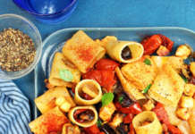 Paccheri con melanzane, pomodori e feta al forno