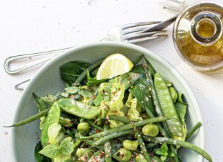 Insalata con fagiolini, taccole, fave e salsa al sesamo