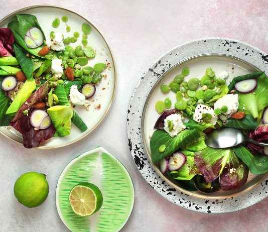 Insalata di cicorino, fave e semi con ricotta di mandorle