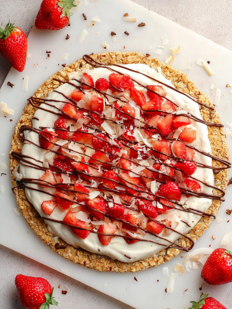 Pizza dolce di avena e banane con yogurt al miele e fragole