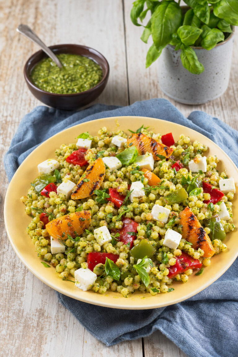 fregola-primosale-albicocche Fregola con primo sale, albicocche grigliate e peperoni