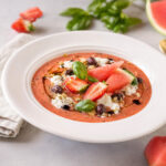 Gazpacho con anguria, stracciatella e olive taggiasche