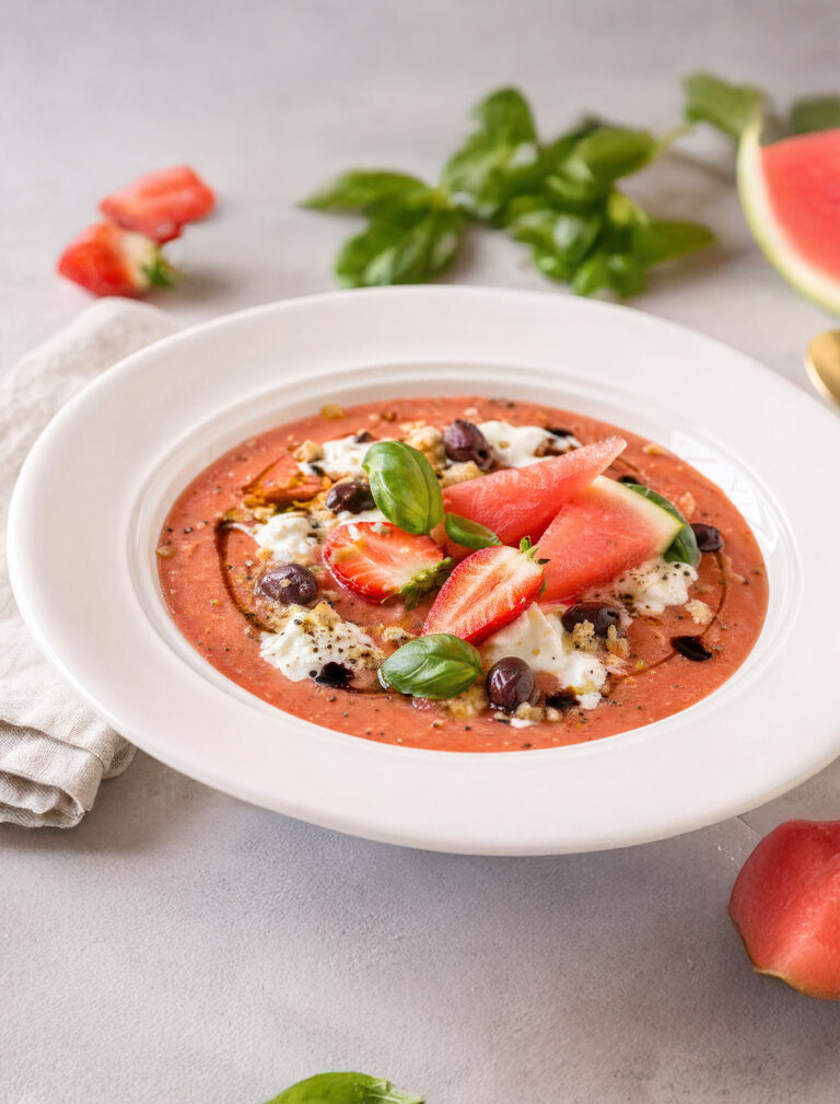 Gazpacho con anguria, stracciatella e olive taggiasche