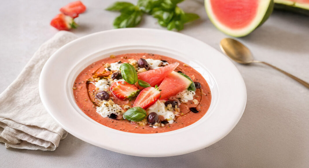 Gazpacho con anguria, stracciatella e olive taggiasche