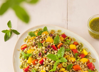 Orzo con pesto di menta e peperoni tricolore