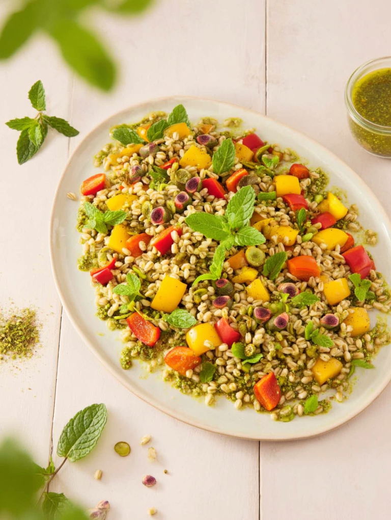 Orzo con pesto di menta e peperoni tricolore