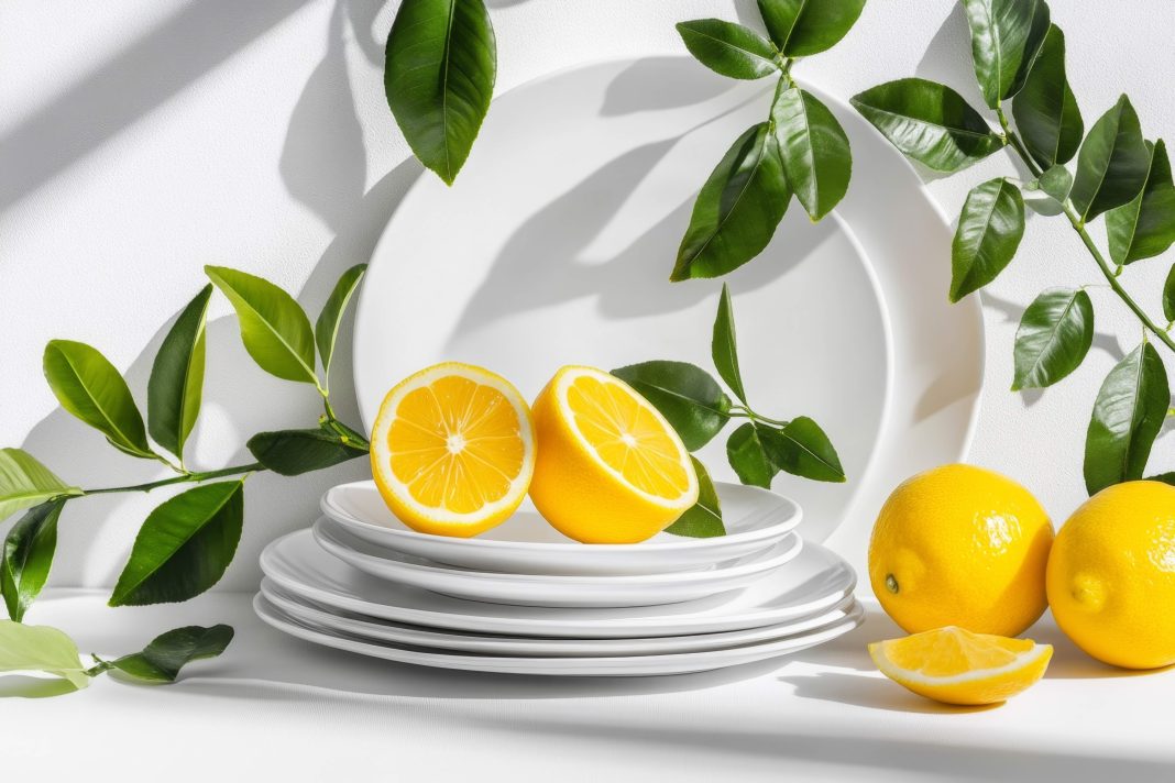 A single lemon resting on a stack of clean white plates, with its shadow creating an artistic visual effect