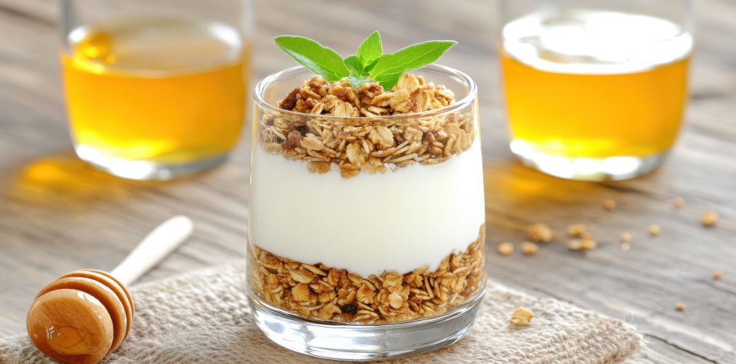Delicious whole grain granola served with creamy yogurt and fresh fruit for a healthy breakfast.