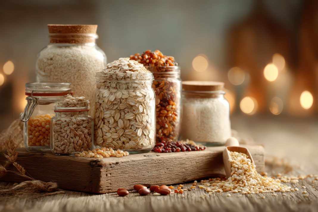 A rustic display of whole grains and legumes in glass jars, set on a wooden board, creating a warm and inviting atmosphere for a healthy eating concept.