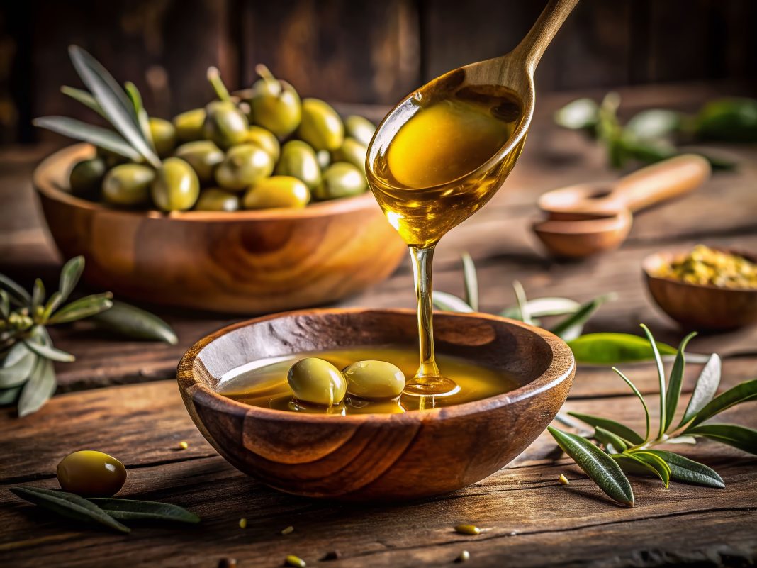 Golden Olive Oil Pouring from Spoon - Authentic, Rustic, Healthy Cooking Ingredient