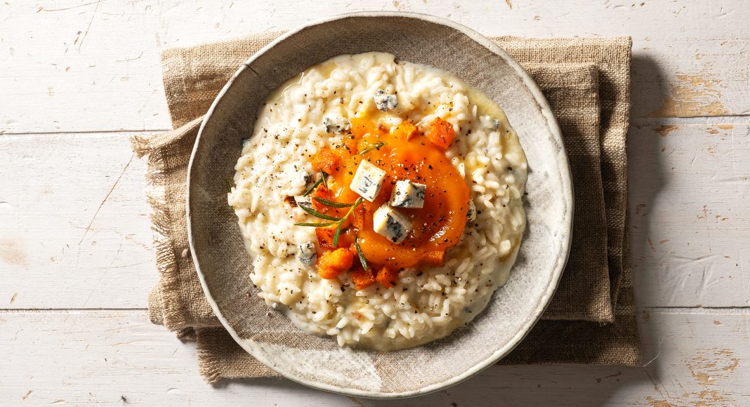 Risotto alla zucca, con castagne e formaggio erborinato