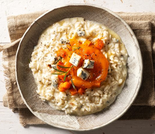 Risotto alla zucca, con castagne e formaggio erborinato