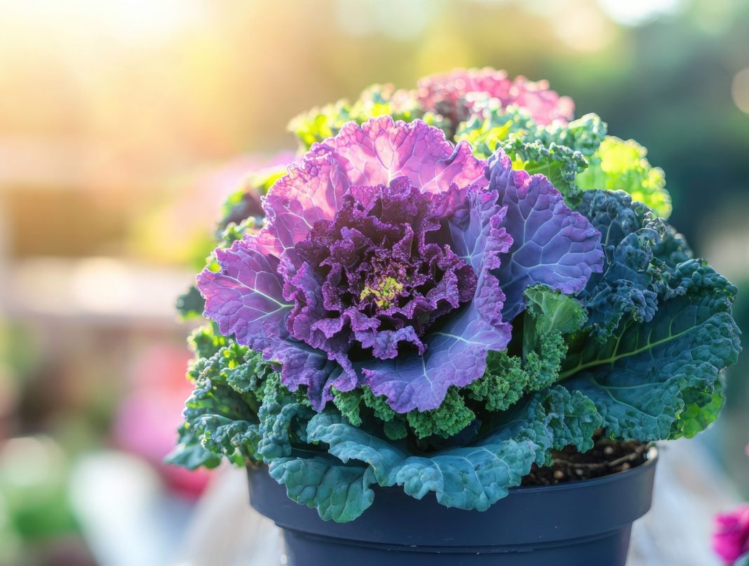 A flowering kale plant on a modern balcony, surrounded by other ornamental plants, creating a lush and colorful outdoor space.