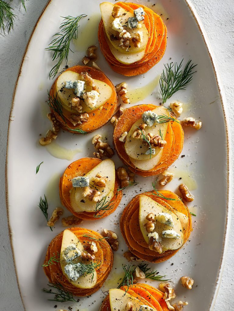 Mini millefoglie di patate dolci, gorgonzola e pere