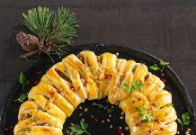 Sfoglia intrecciata con ripieno di ceci, olive e nocciole