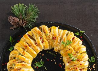 Sfoglia intrecciata con ripieno di ceci, olive e nocciole