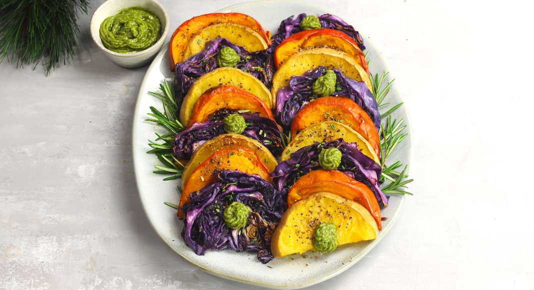 Tris di verdure al forno con pesto di pistacchi