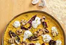 Farinata con stracciatella, radicchio e funghi alla piastra