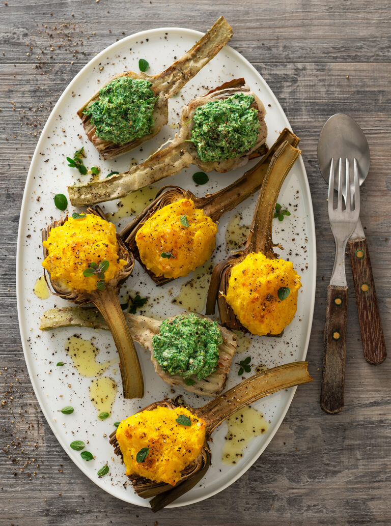 Carciofi al forno e fritti al doppio ripieno speziato