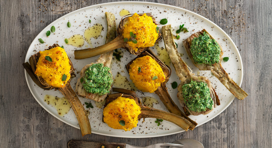 Carciofi al forno e fritti al doppio ripieno speziato
