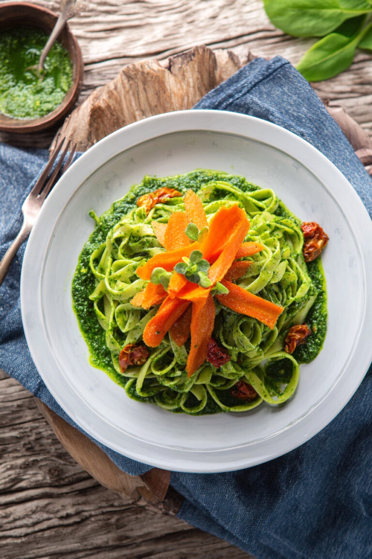 Bavette con pesto amabile di tarassaco e carote croccanti