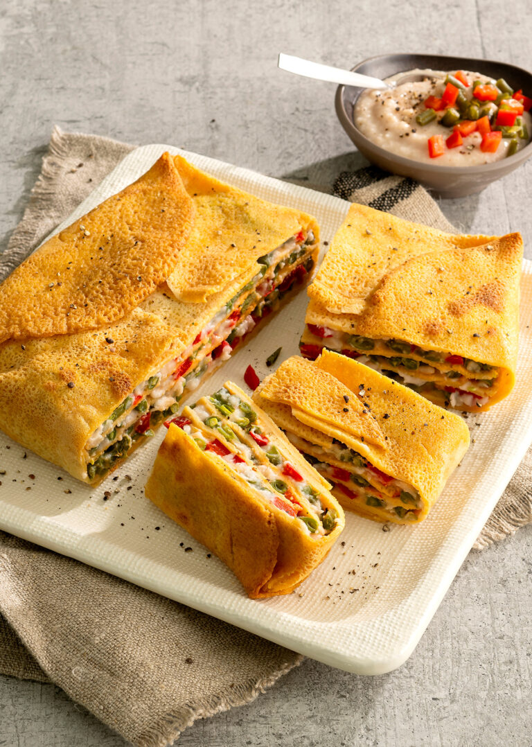 Terrina di crespelle alle lenticchie rosse con ortaggi estivi