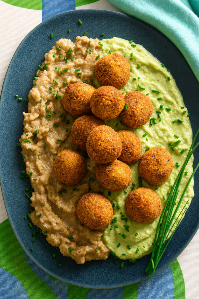 Falafel di lupini con babaganoush e salsa tatbila