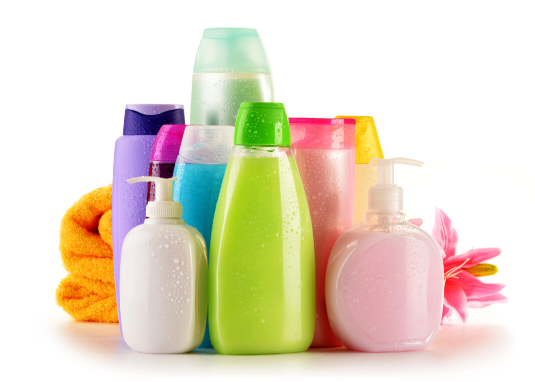 Plastic bottles of body care and beauty products