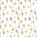 Watercolor autumn pattern with people walking in a park with yellow trees.