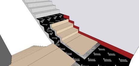 Visione di insieme dei diversi strati di applicazione del pacchetto Isolmant Kit Scale, con rivestimento di finitura in marmo su strato di malta di allettamento. Ogni confezione comprende i teli IsolTile Pedata (22 pezzi da 125x33 cm), IsolTile Alzata (22 pezzi da 125x20 cm), IsolTile Ripiano (4 pezzi da 125x50 cm), Fascia IsolTile (100 m) e Fascia Laterale (25 m).