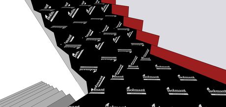 La Fascia IsolTile sigilla gli spigoli di giunzione dei teli tra alzata e pedata. La Fascia Laterale, applicata sulla/e parete/i laterale/i, desolidarizza il rivestimento di alzate e pedate dei gradini dalla/e muratura/e perimetrale/i del vano scala. Con la Fascia IsolTile si sigillano poi le linee di giunzione fra la Fascia Laterale e i teli Isolmant IsolTile su alzata/pedata dei gradini e ripiano intermedio.