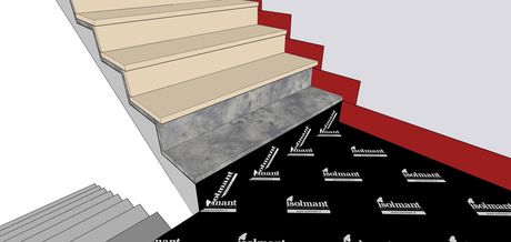 Sulla superficie di teli IsolTile precedentemente applicata su alzata e pedata dei gradini e sul ripiano intermedio fra le due semirampe delle scale va posato uno strato di malta di allettamento, che permetterà di procedere con la fase successiva di posa del marmo di rivestimento e finitura.