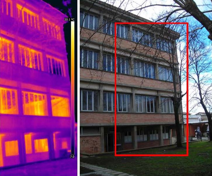 3. Analisi termografica dellìIstituto tecnico Stagi di Viareggio, con evidenza della scarsa resistenza termica dei componenti finestrati e la presenza di ponti termici materici sulle velette delle finestre.
