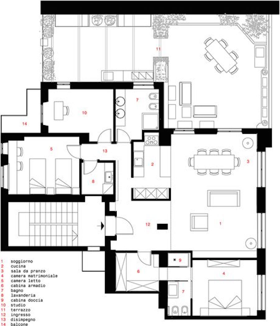 Nella pianta di progetto sono visibili gli interventi riguardanti la nuova disposizione dei tramezzi a favore di una maggiore fluidità degli spazi