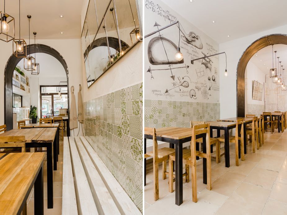 Tutti gli arredi sono tutti fabbricati con materiali grezzi come legno e ferro. I tavoli in legno recuperato e ferro anticato sono stati realizzati artigianalmente da Bernardo Palazzo. Per illuminare il locale sono state posate lampade diverse in punti diversi, tutte prodotte artigianalmente. Le pareti, trattate a calce, sono in parte decorate da disegni a china di panzerotti e utensili da cucina (foto di Gregory Abbate)