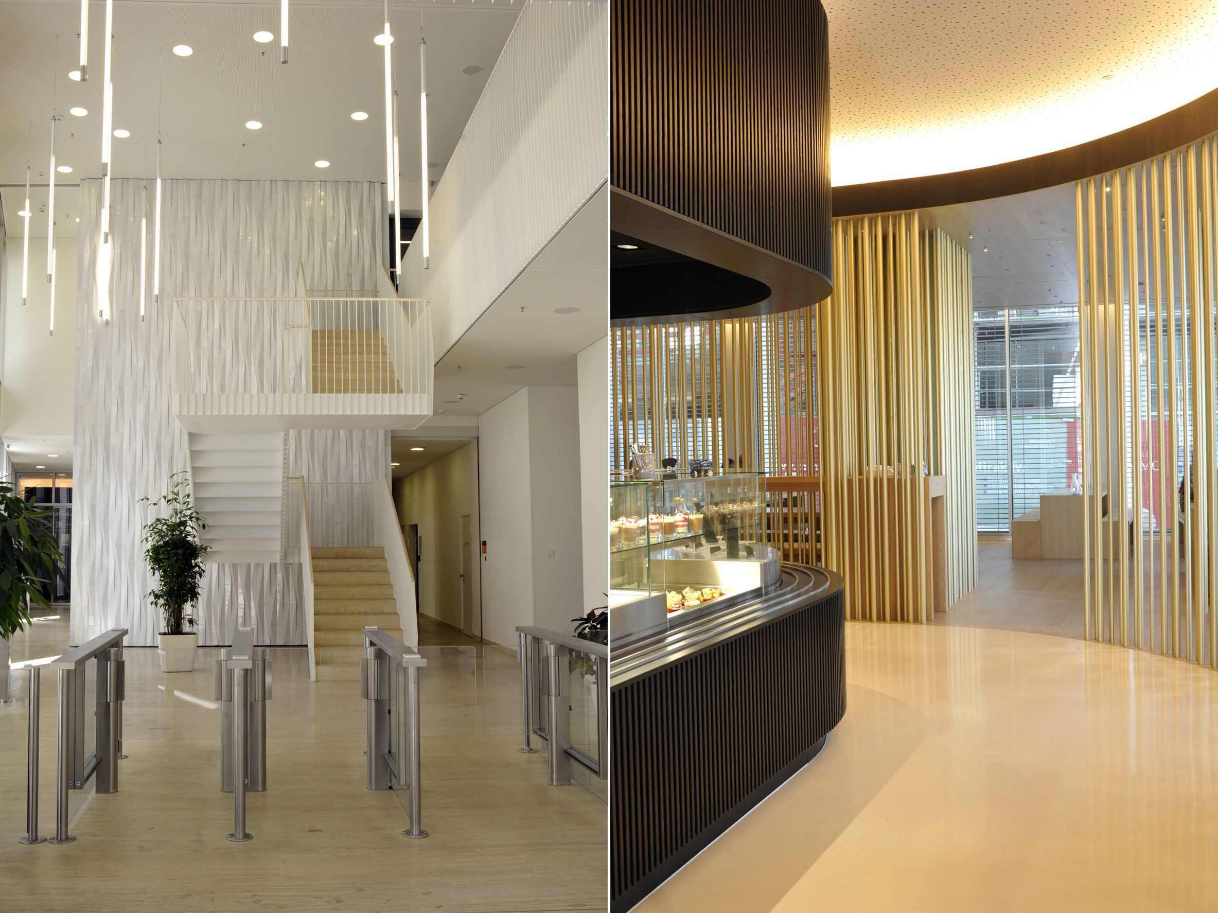 A sinistra. Le piastrelle di ceramica in rilievo formano il motivo della facciata che prosegue nell’atrio della torre. A destra La mensa di 320 metri quadrati è stata progettata da LWA Leyk Wollenberg Architekten sviluppando l’analogia con il bosco e creando un insieme di zone con ben 750 puntelli in alluminio alti fino al soffitto (foto Hörmann)